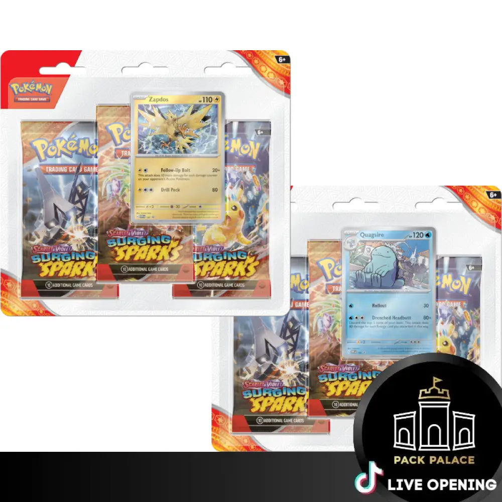 Pokemon English SV08 Surging Sparks CARDS LIVE OPENING 3 Pack Blister Set of 2 Card Games